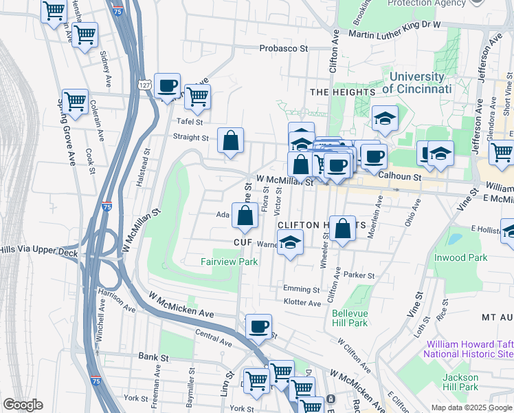 map of restaurants, bars, coffee shops, grocery stores, and more near 343 Cassatt Avenue in Cincinnati