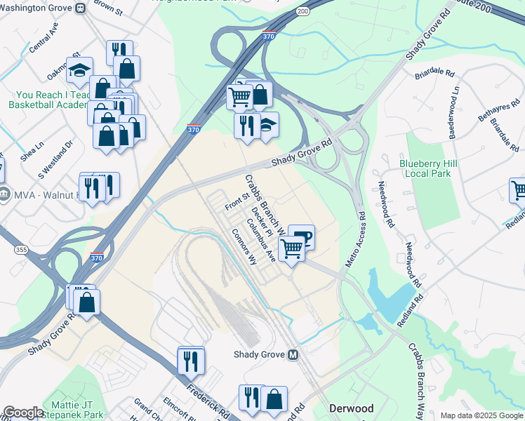 map of restaurants, bars, coffee shops, grocery stores, and more near 16616 Crabbs Branch Way in Derwood