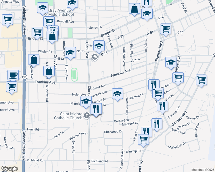 map of restaurants, bars, coffee shops, grocery stores, and more near 835 Taber Avenue in Yuba City