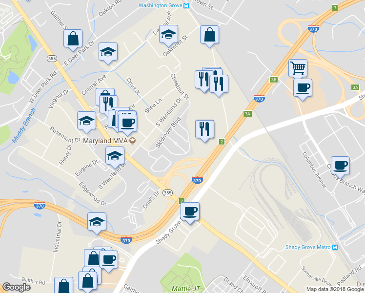 map of restaurants, bars, coffee shops, grocery stores, and more near 134 Goucher Terrace in Gaithersburg
