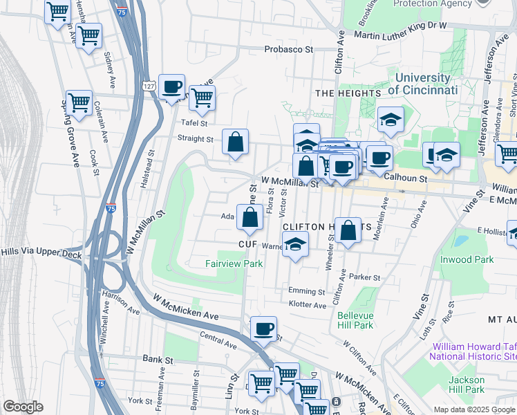 map of restaurants, bars, coffee shops, grocery stores, and more near 343 Cassatt Avenue in Cincinnati