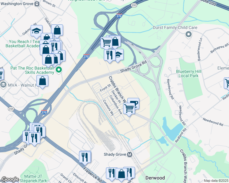 map of restaurants, bars, coffee shops, grocery stores, and more near 16329 Decker Place in Derwood