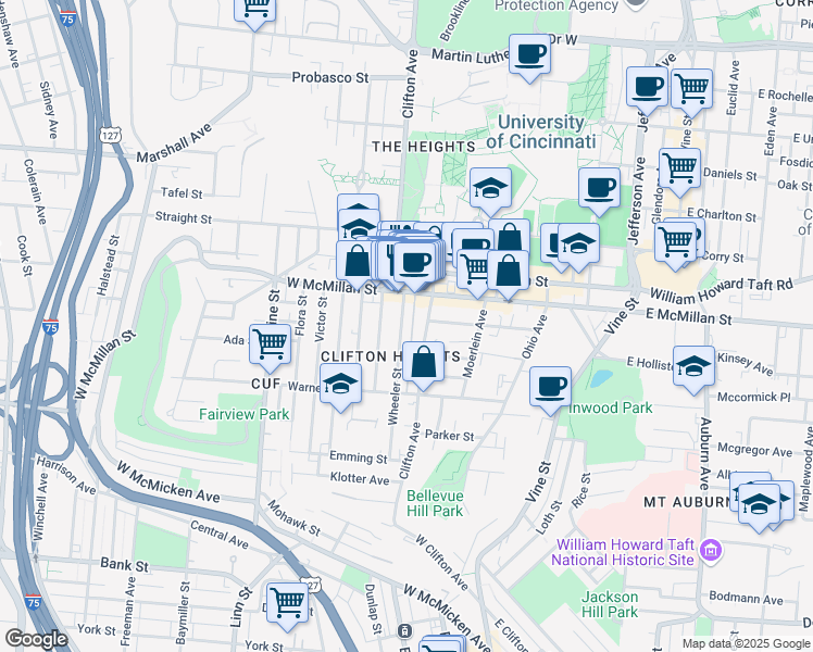 map of restaurants, bars, coffee shops, grocery stores, and more near 2366 Wheeler Street in Cincinnati