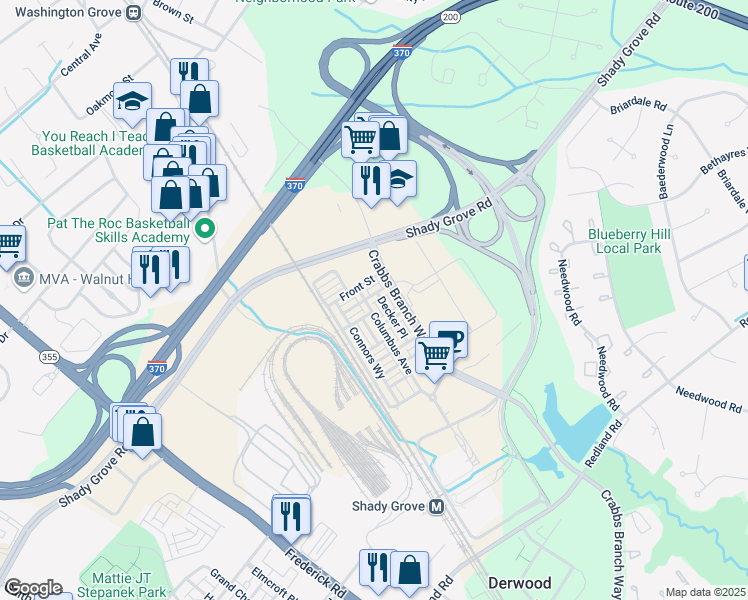 map of restaurants, bars, coffee shops, grocery stores, and more near 8078 Flatbush Street in Rockville