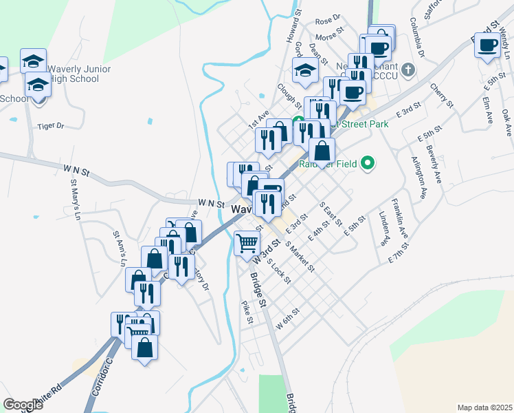 map of restaurants, bars, coffee shops, grocery stores, and more near 196 Ohio 104 in Waverly