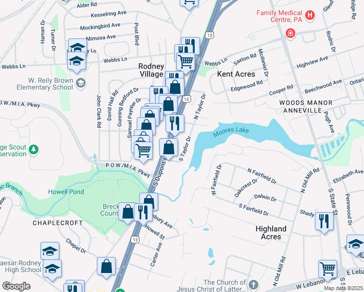 map of restaurants, bars, coffee shops, grocery stores, and more near 1750 South Taylor Drive in Dover