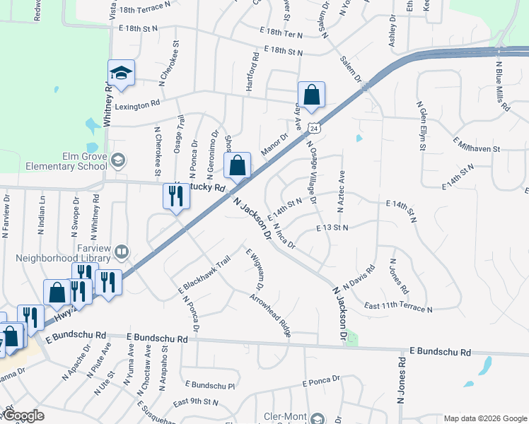 map of restaurants, bars, coffee shops, grocery stores, and more near 1413 North Inca Drive in Independence