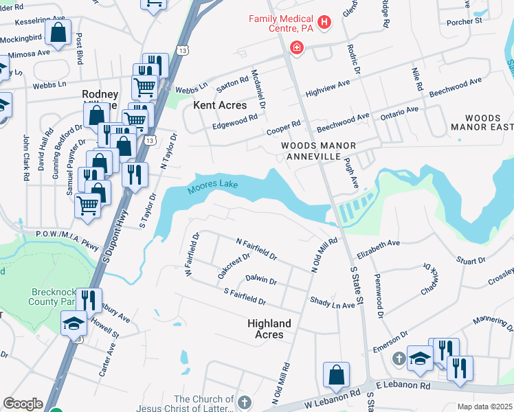map of restaurants, bars, coffee shops, grocery stores, and more near 119 South Shore Drive in Dover