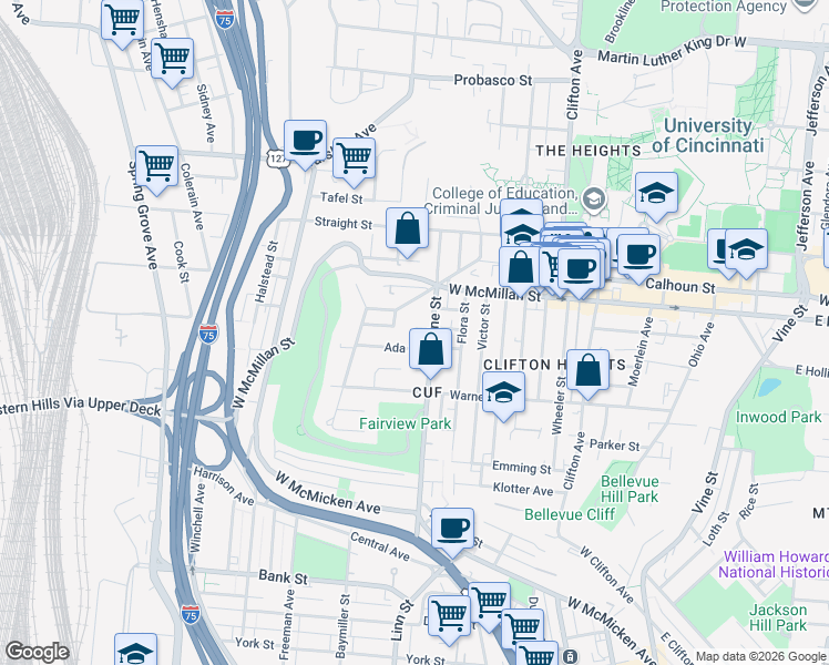 map of restaurants, bars, coffee shops, grocery stores, and more near 2472 Fairview Avenue in Cincinnati