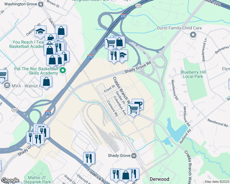 map of restaurants, bars, coffee shops, grocery stores, and more near 8074 Flatbush Street in Rockville