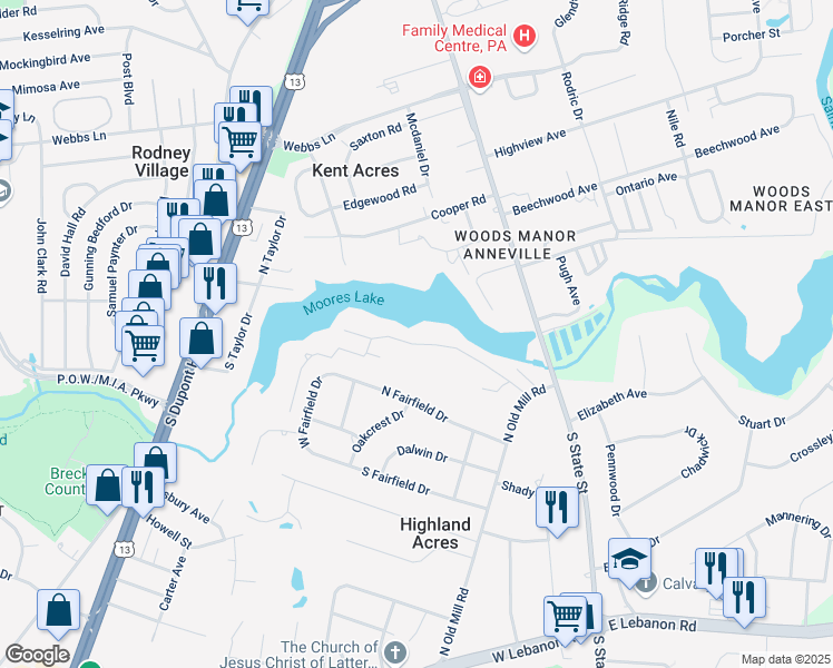 map of restaurants, bars, coffee shops, grocery stores, and more near 119 South Shore Drive in Dover
