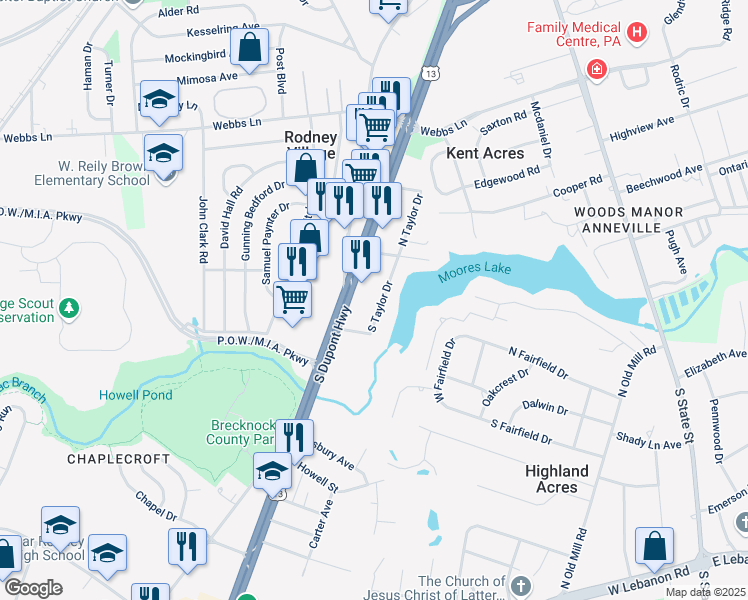 map of restaurants, bars, coffee shops, grocery stores, and more near 1750 South Taylor Drive in Dover