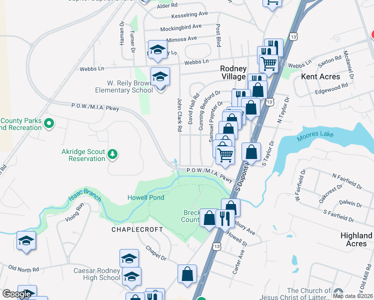 map of restaurants, bars, coffee shops, grocery stores, and more near 1569 John Clark Road in Dover