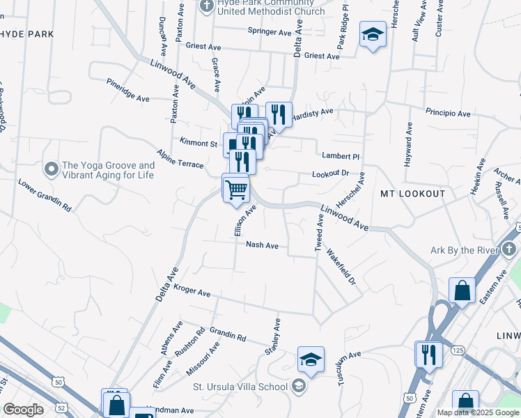 map of restaurants, bars, coffee shops, grocery stores, and more near 3246 Linwood Avenue in Cincinnati