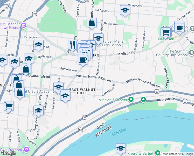 map of restaurants, bars, coffee shops, grocery stores, and more near 2613 Hackberry Street in Cincinnati
