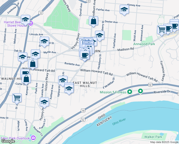 map of restaurants, bars, coffee shops, grocery stores, and more near 1539 Burdette Court in Cincinnati