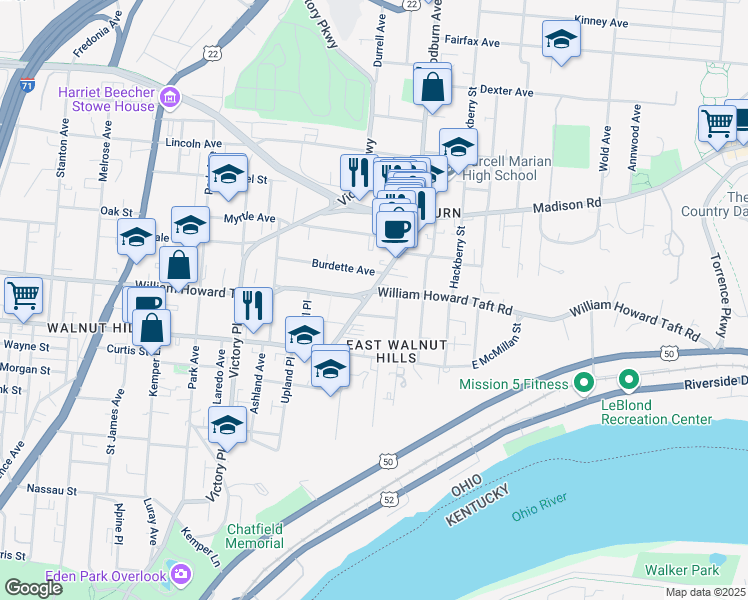 map of restaurants, bars, coffee shops, grocery stores, and more near 2609 Woodburn Avenue in Cincinnati