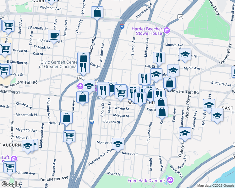 map of restaurants, bars, coffee shops, grocery stores, and more near 2538 Hemlock Street in Cincinnati