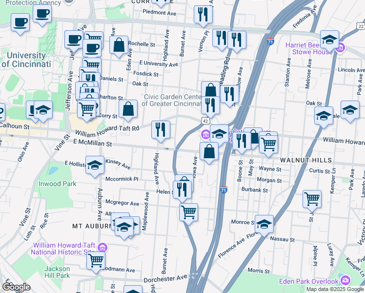 map of restaurants, bars, coffee shops, grocery stores, and more near 2530 Reading Road in Cincinnati
