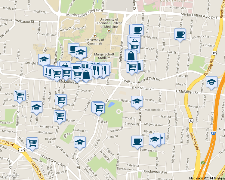 map of restaurants, bars, coffee shops, grocery stores, and more near 34 West McMillan Street in Cincinnati
