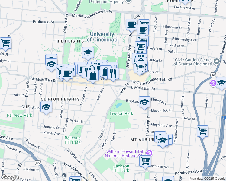 map of restaurants, bars, coffee shops, grocery stores, and more near 34 West McMillan Street in Cincinnati
