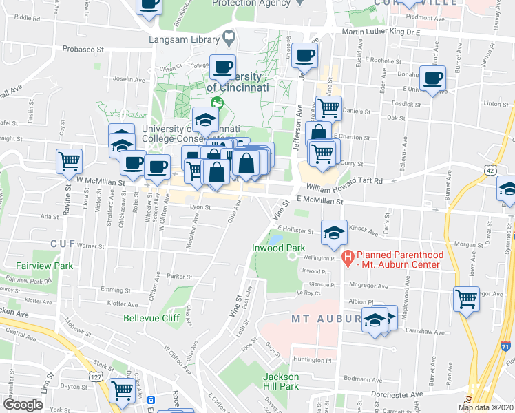 map of restaurants, bars, coffee shops, grocery stores, and more near 34 West McMillan Street in Cincinnati