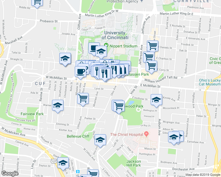 map of restaurants, bars, coffee shops, grocery stores, and more near 107 West McMillan Street in Cincinnati