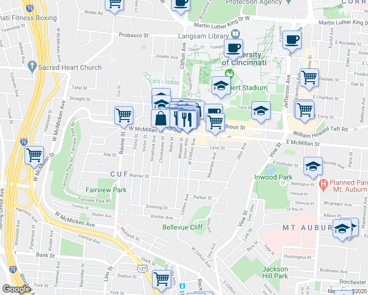 map of restaurants, bars, coffee shops, grocery stores, and more near 2377 Wheeler Street in Cincinnati