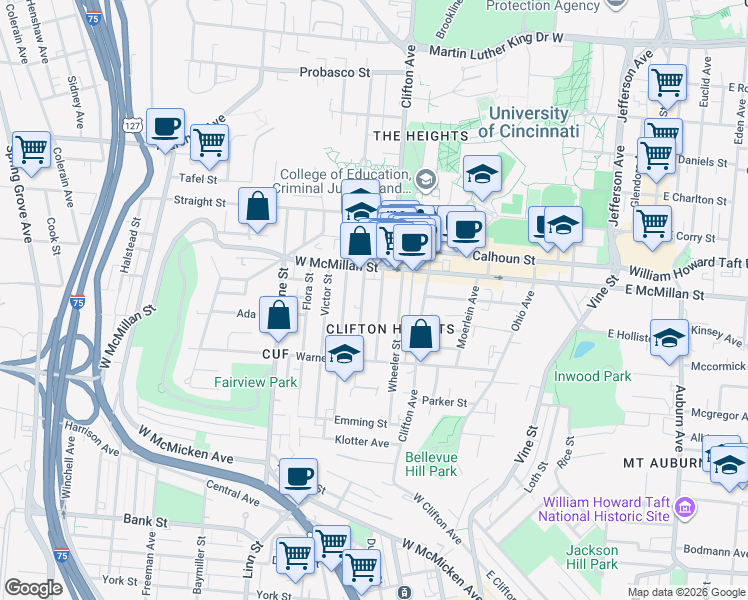 map of restaurants, bars, coffee shops, grocery stores, and more near 2374 Chickasaw Street in Cincinnati