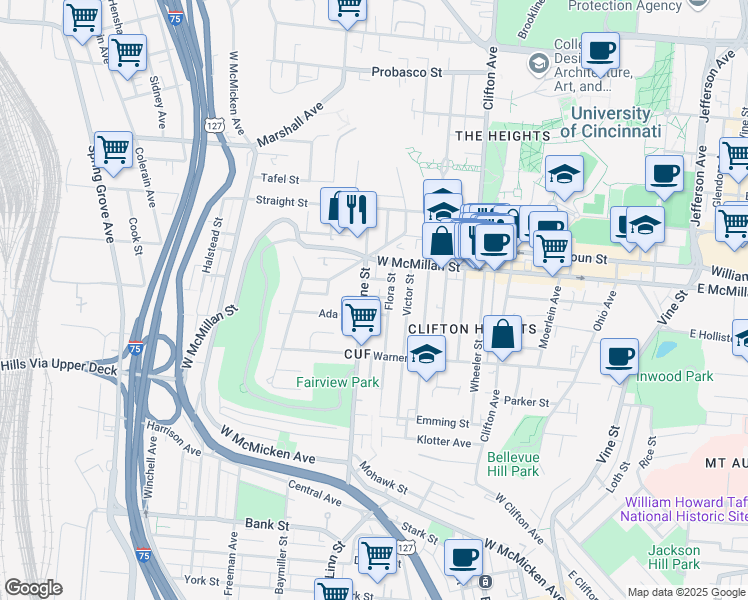 map of restaurants, bars, coffee shops, grocery stores, and more near 343 Cassatt Avenue in Cincinnati