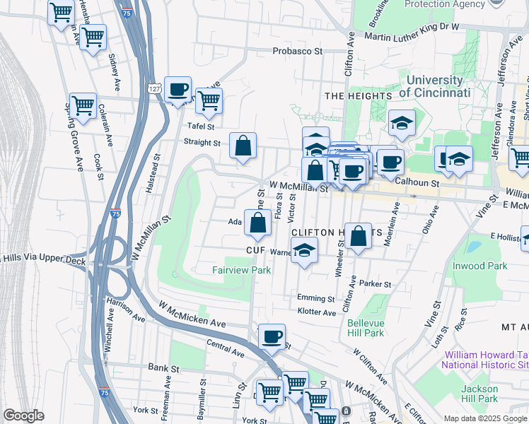 map of restaurants, bars, coffee shops, grocery stores, and more near 343 Cassatt Avenue in Cincinnati