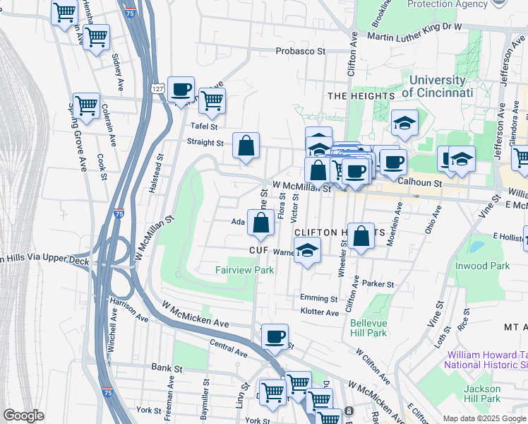 map of restaurants, bars, coffee shops, grocery stores, and more near 343 Cassatt Avenue in Cincinnati