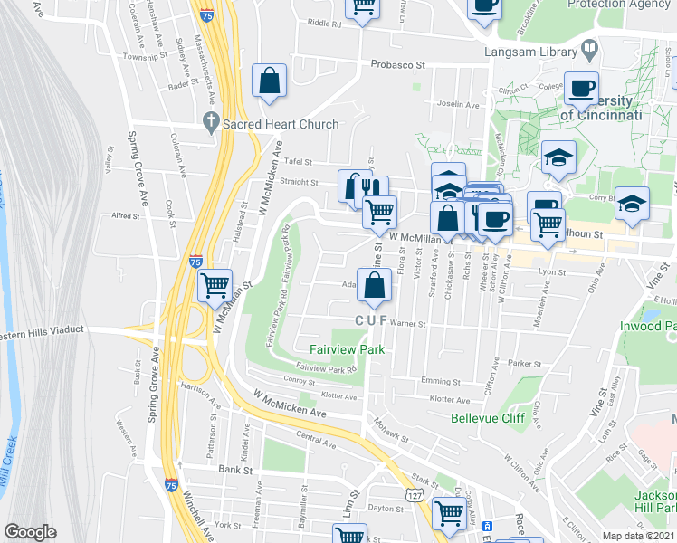 map of restaurants, bars, coffee shops, grocery stores, and more near 2430 Fairview Avenue in Cincinnati