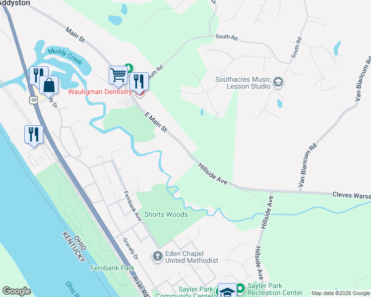 map of restaurants, bars, coffee shops, grocery stores, and more near 82 East Main Street in Addyston