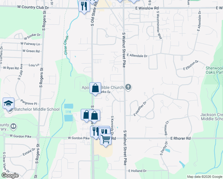 map of restaurants, bars, coffee shops, grocery stores, and more near 155 East Burks Drive in Bloomington
