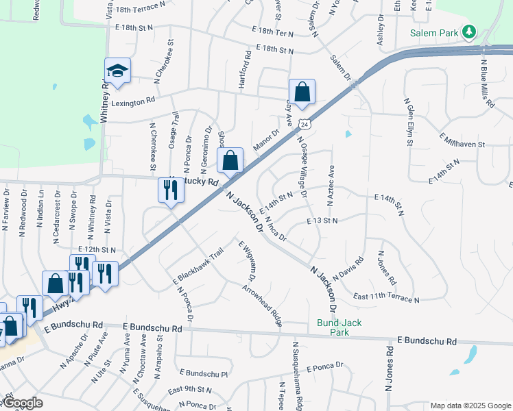 map of restaurants, bars, coffee shops, grocery stores, and more near 1413 North Inca Drive in Independence