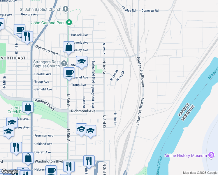 map of restaurants, bars, coffee shops, grocery stores, and more near 2004 North 2nd Street in Kansas City