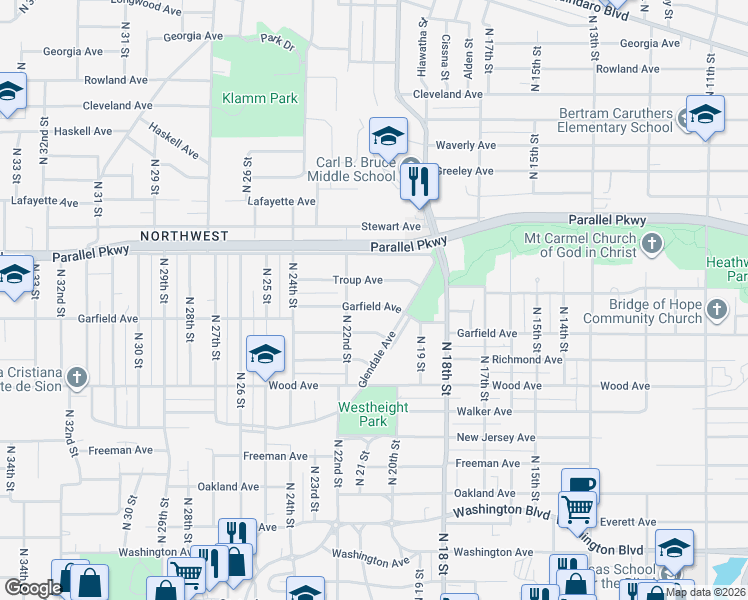 map of restaurants, bars, coffee shops, grocery stores, and more near 1971 Troup Avenue in Kansas City