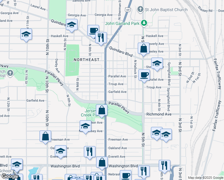 map of restaurants, bars, coffee shops, grocery stores, and more near 645 Troup Avenue in Kansas City