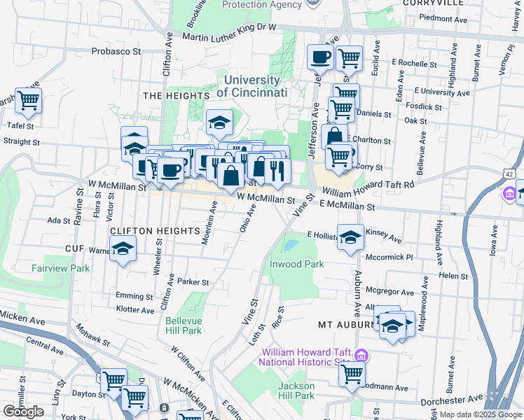 map of restaurants, bars, coffee shops, grocery stores, and more near in Cincinnati