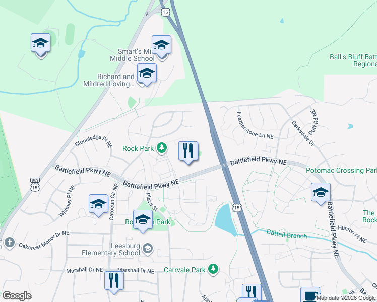 map of restaurants, bars, coffee shops, grocery stores, and more near 712 Clark Court Northeast in Leesburg