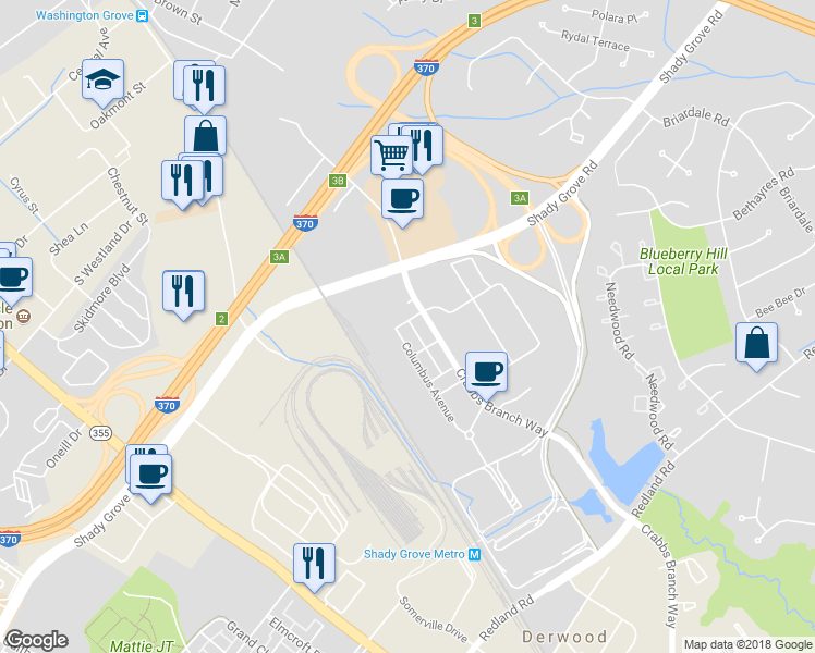 map of restaurants, bars, coffee shops, grocery stores, and more near 8070 Flatbush Street in Rockville