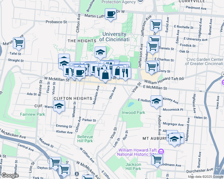 map of restaurants, bars, coffee shops, grocery stores, and more near 2431 Ohio Avenue in Cincinnati