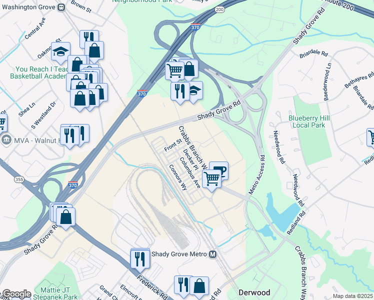 map of restaurants, bars, coffee shops, grocery stores, and more near 16337 Decker Place in Derwood
