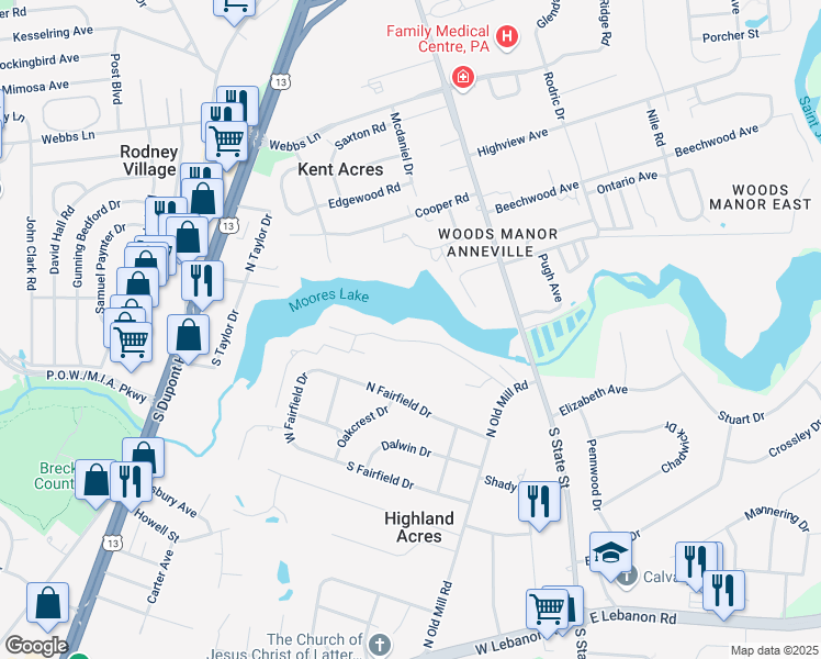 map of restaurants, bars, coffee shops, grocery stores, and more near 119 South Shore Drive in Dover
