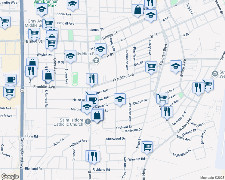 map of restaurants, bars, coffee shops, grocery stores, and more near 846 Taber Avenue in Yuba City