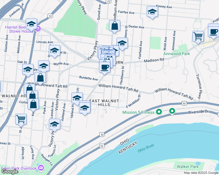 map of restaurants, bars, coffee shops, grocery stores, and more near 1539 Burdette Court in Cincinnati