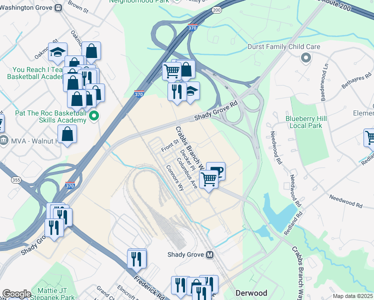 map of restaurants, bars, coffee shops, grocery stores, and more near 16628 Crabbs Branch Way in Derwood