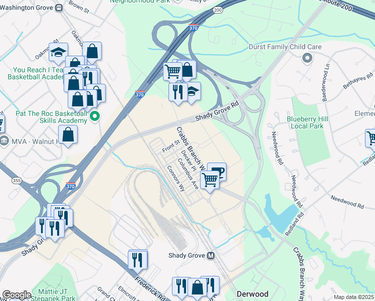 map of restaurants, bars, coffee shops, grocery stores, and more near 16632 Crabbs Branch Way in Derwood