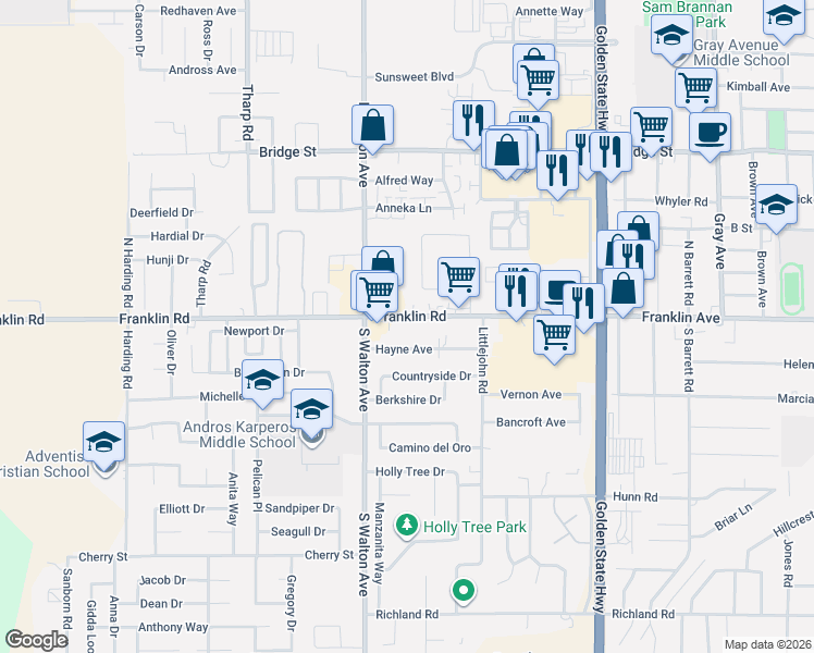 map of restaurants, bars, coffee shops, grocery stores, and more near 1510 Franklin Road in Yuba City